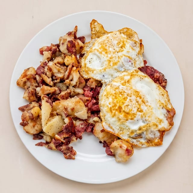 Homemade Corned Beef Hash and Eggs.